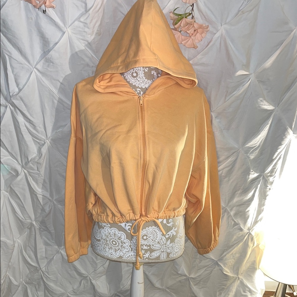 H&M Orange Hooded Drawstring Zip Bomber Jacket